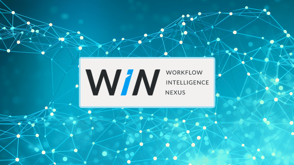 WIN logo against a blue background with de Stijl influence, dark gray and bronze neo-mosaic design, showcasing precision in details and advanced media workflow solutions